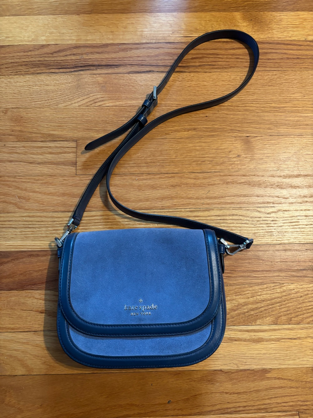 Kate Spade New York Blake Saddle Crossbody Bag Suede & Leather Blue NWOT